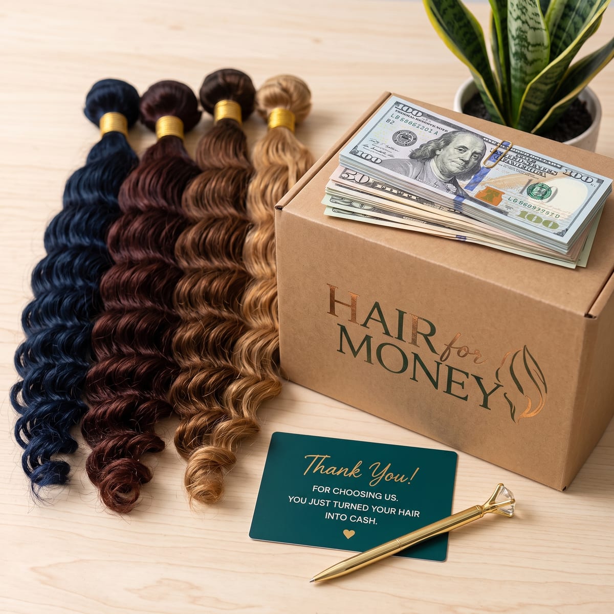 Four bundles of human hair beside a Hair for Money shipping box topped with a stack of cash and a thank-you card